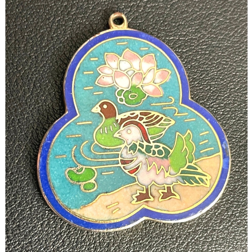Vintage Cloisonne Pendant Enamel Mandarin Duck Lotus Blue Charm